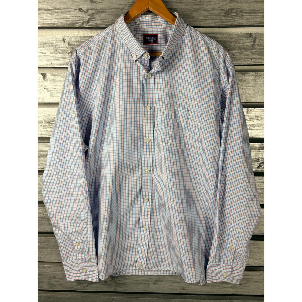 UNTUCKit Mens XXL Blue Pink Check Plaid Wrinkle Free Cotton Button Down Shirt